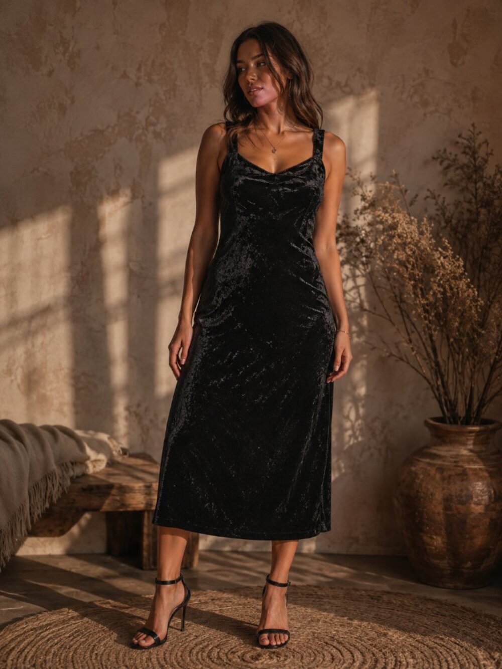 Black Velvet Midi Dress | Sleeveless Crushed Velvet Slip Dress